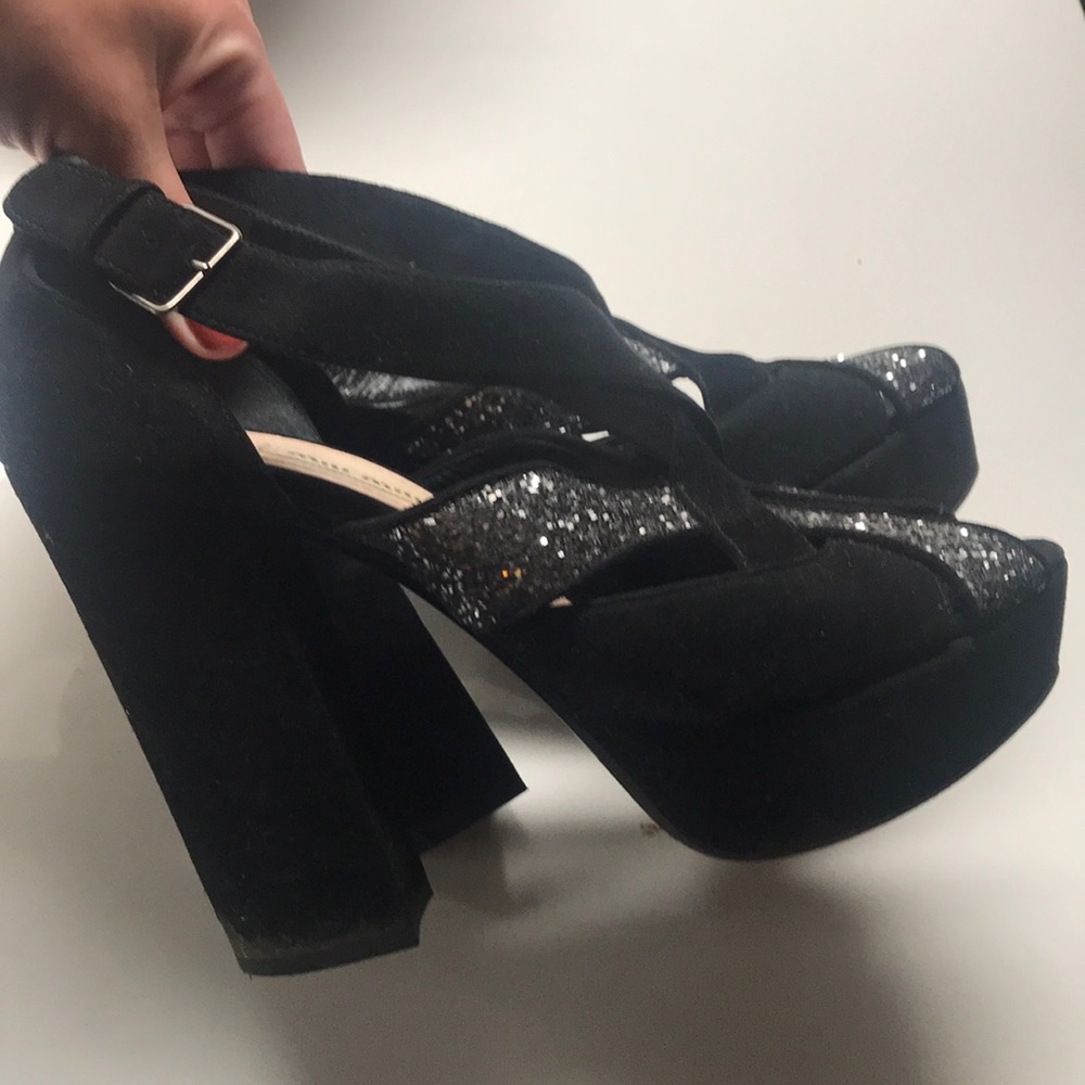 Miu Miu | Suede and glitter platform heels sandals